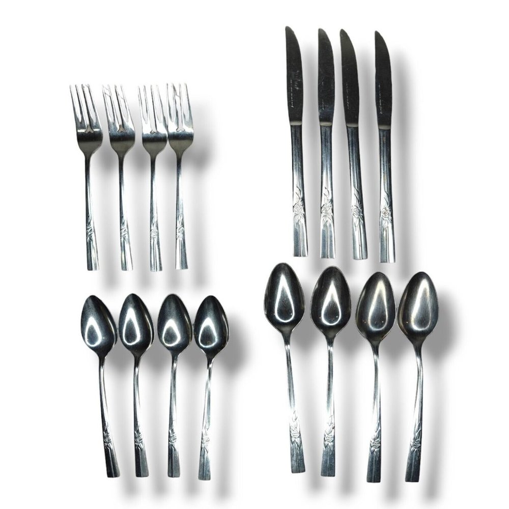 Vintage Epic Custom Stainless Flatware Floral Rose Service Set For 4